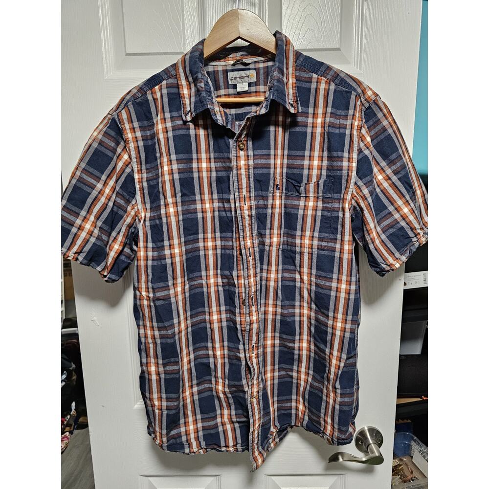 Carhartt Relaxed Fit Mens Short Sleeve Button Down Shirt Size Large Plaid Blue
